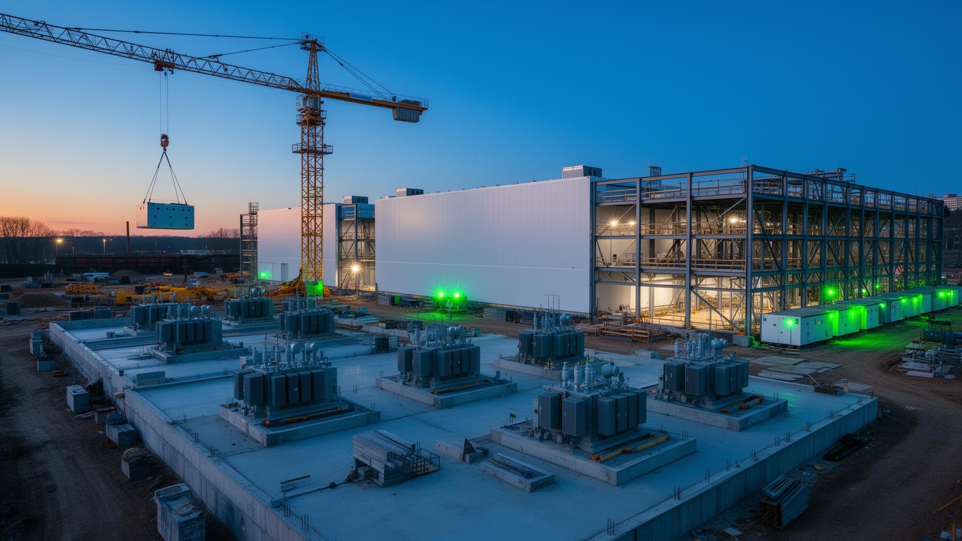 AI campus under construction with new transformer yard at dusk