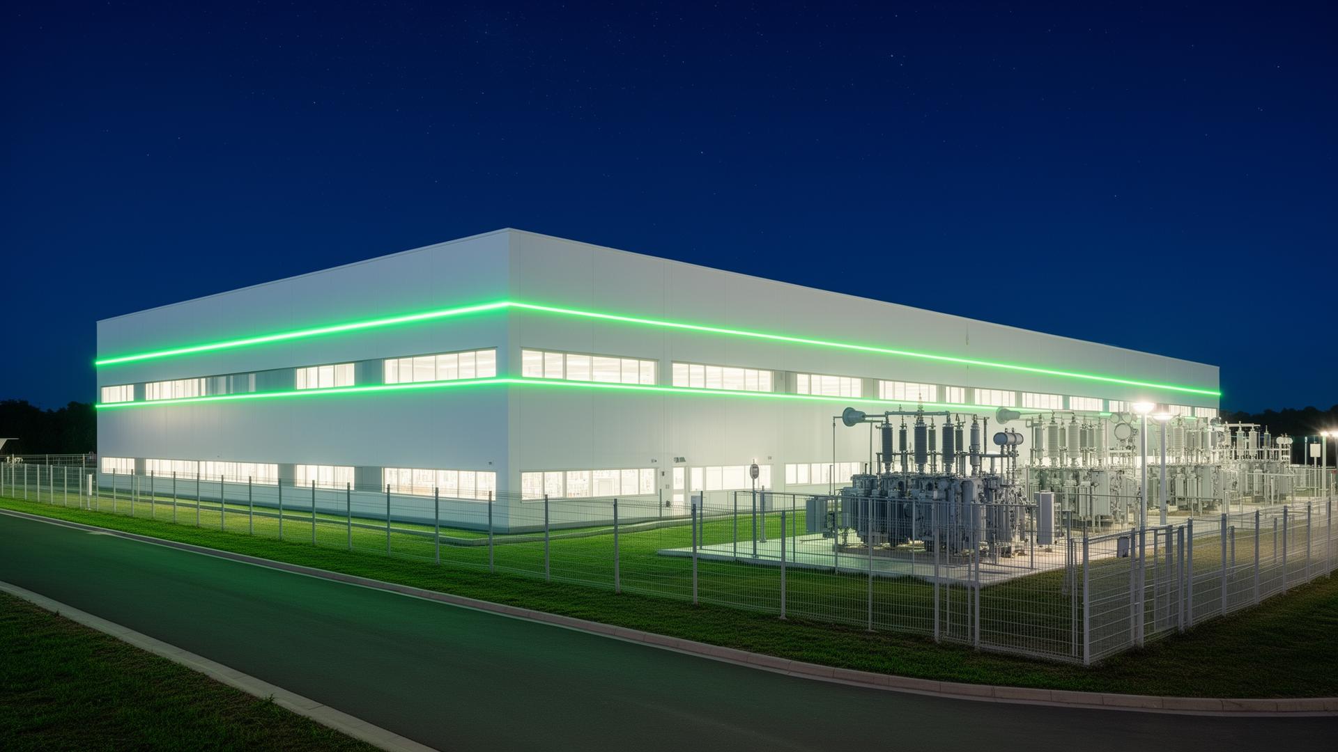 Certified AI data hall with neon green facade lines and substation at night