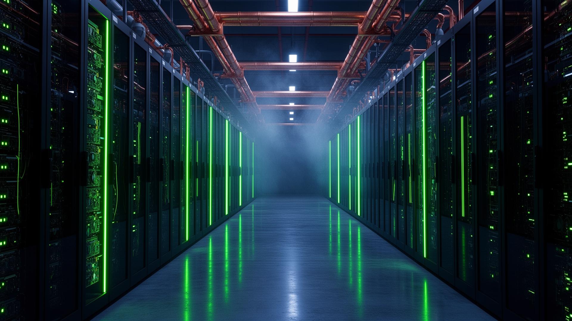 AI data hall corridor with GPU racks and liquid cooling